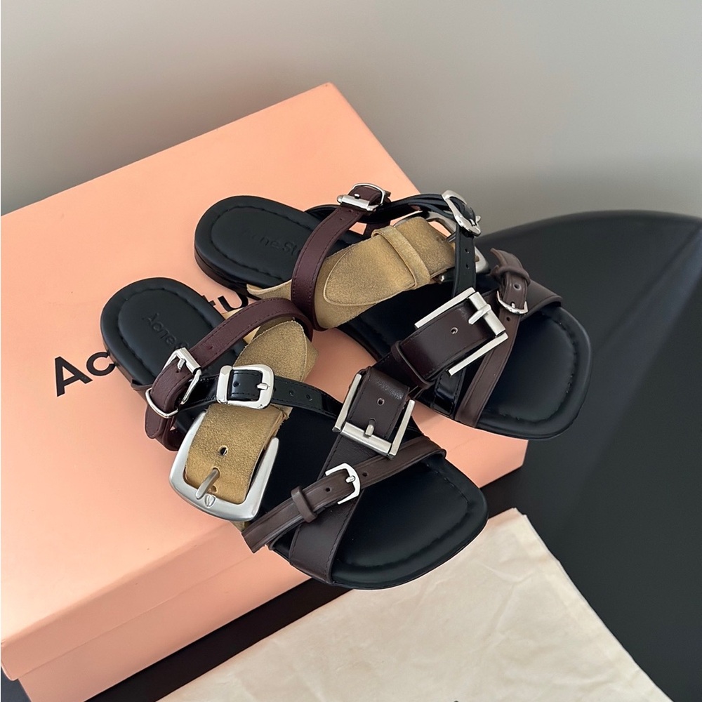 Acne Multi-Color Triple-Buckle Leather & Suede Sandals - Picture 2 of 9
